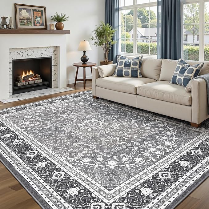 Lofus 6x9 Area Rugs for Living Room, Machine Washable Non-Slip Area Rug, Low Pile Large Rugs for Bedroom, Kitchen, Dining Room, Home Office, Vintage Oriental Print Rug, Light Grey with White