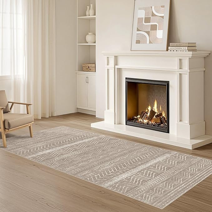 Nakagishi Area Rug Living Room Rugs: 2X6 Machine Washable Boho Large Neutral Farmhouse Stain Resistant Moroccan Indoor Floor Carpet for Bedroom Nursery Dorm Dining Room Home-Dark Brown