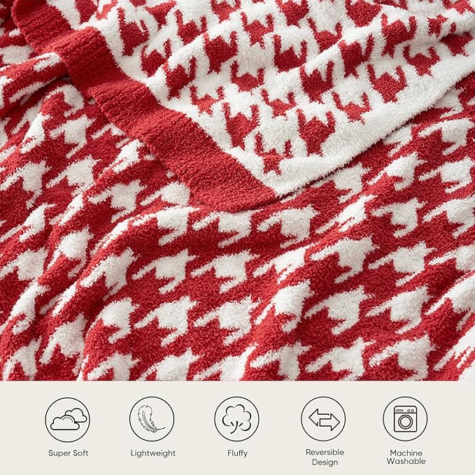 Snuggle Sac Ultra Soft Throw Blanket for Couch, Cozy Knitted Blankets, Fuzzy Knit Throws for Sofa, Bed, Home Decor, Houndstooth Red 50"x60"