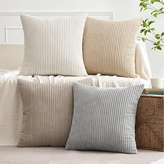 MIULEE Boho Farmhouse Throw Pillow Covers 18x18 Inch Set of 4 Neutral Tan Decorative Cushion Covers Soft Corduroy Nordic Spring Home Decor for Couch Bed Sofa Living Room