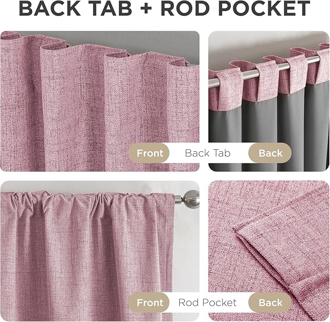 Joydeco Blackout Curtains for Bedroom - 100% Light Blocking 2 Panels Set Pink Drapes 37" W x 108" L, Thermal Insulated Room Darkening Curtains, Linen Textured for Living Room, Rod Pocket & Back Tabs