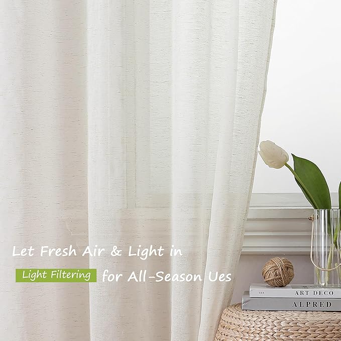 Simplebrand Natural Linen Textured Sheer Curtains 63 Inch Length 2 Panels, Rod Pocket Solid Color Window Sheer Curtain Panels, Elegant Curtains & Drapes for Living Room, Bedroom (40" W x 63" L)