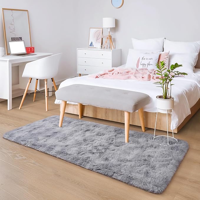Chicrug Soft Runner Rugs for Bedroom Living Room Plush Fluffy Rug 2x10 Feet, Shag Furry Area Rug Carpet Non Shedding for Nursery Children Kids Girls Room Home Decorative, Grey and White