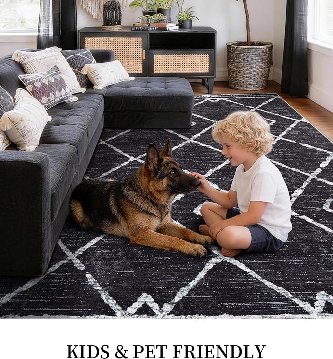 YIHOUSE Moroccan Rugs for Living Room, 6x9 Black and White Aztec Area Rug, Western Geometric Soft Low-Pile Washable Rugs for Bedroom, Dining Room