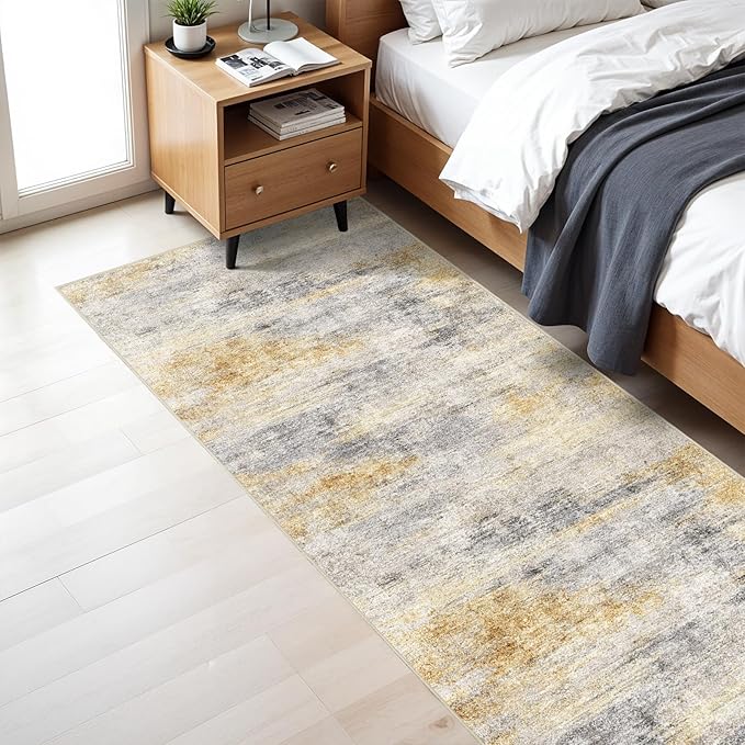3x7 Washable Kitchen Runner Rug: Modern Abstract Runners for Hallway Soft Non Slip Rugs with Rubber Backing Low Pile Thin Floor Carpet for Entryway Bedroom Bathroom Bedside Indoor(Grey/Yellow,3x7)