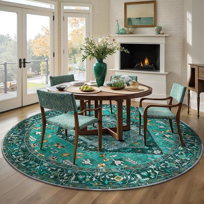 SERISSA Boho Round Area Rug, 6ft Washable Non-Slip Circle Rug, Ultra Soft Oriental Vintage Teal Low-Pile Circular Carpet for Bedroom Entryway Kids Room Office College Dorm Living Room