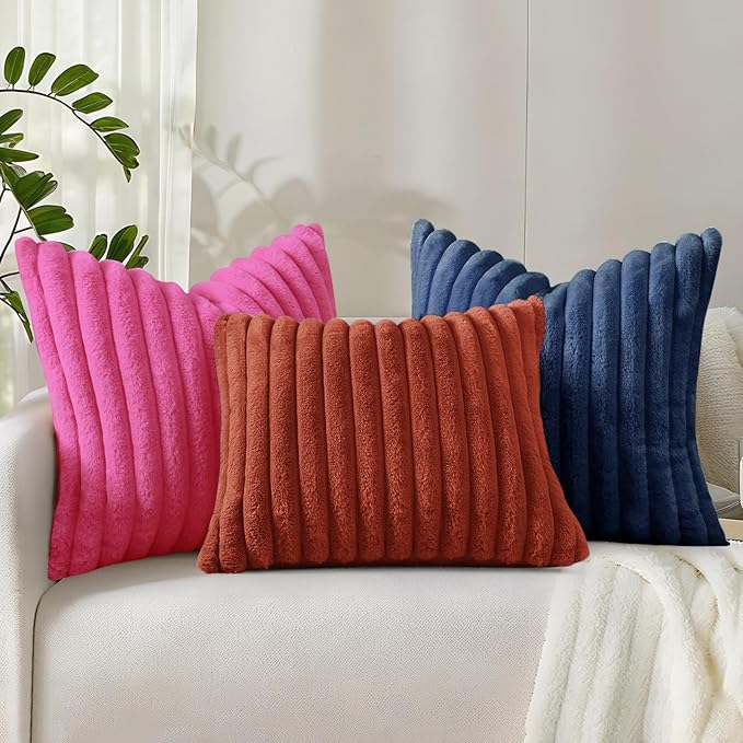 decorUhome Summer Cozy Faux Fur Throw Pillow Covers 18x18 Set of 2 Decorative Soft Plush Striped Modern Farmhouse Boho Couch Pillow Cases with Velvet Back for Sofa Bed Living Room, Hot Pink
