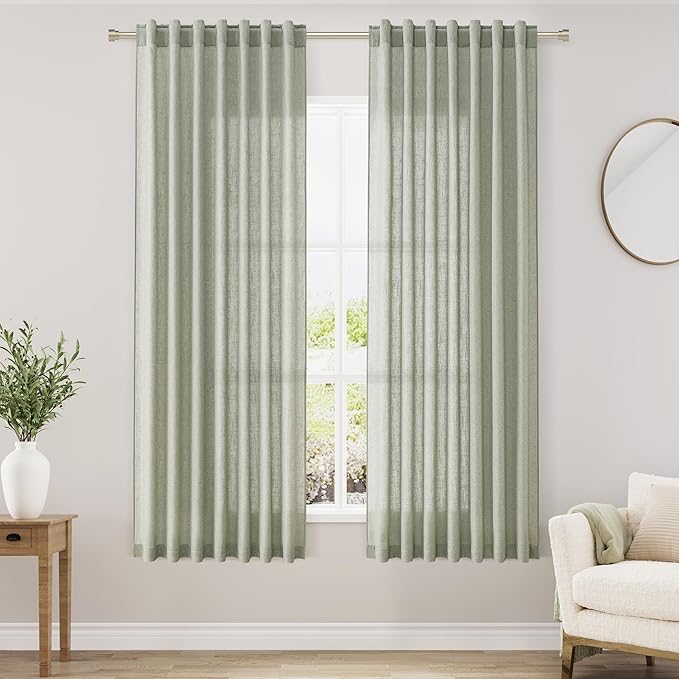 Nanspring Sage Green Linen Curtains 63 Inches Length 2 Panels Set for Living Room Back Tab Pocket Light Filtering Semi Sheer Drapes Cotton Linen Textured Pale Green Window Curtain 52X63 Inches