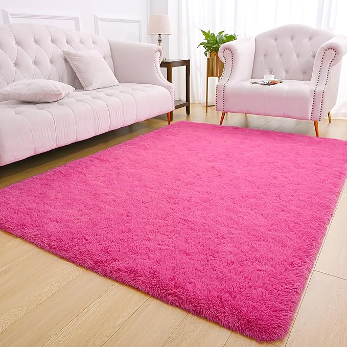 Amearea Shag Fluffy Area Rug for Bedroom Girls Living Room, Extra Soft and Fuzzy Shaggy Rugs, Non Slip, Solid Color Carpet Mat for Boys Nursery Home, Hot Pink 6x9 Feet