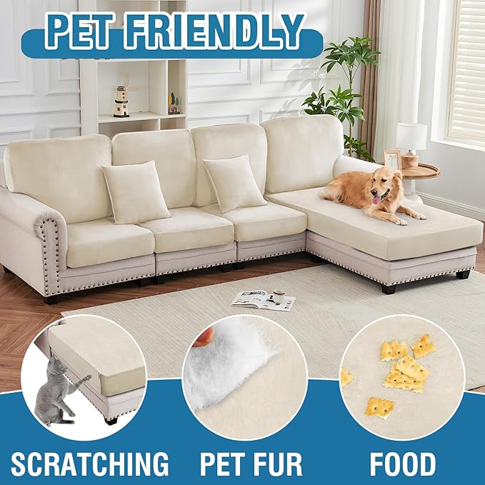 Couch Cover Stretch Velvet Sofa Cushion Cover 3-Piece - Elastic Washable Slipcover for Seat or Backrest, Couch Seat Covers for Sofas (Cream)