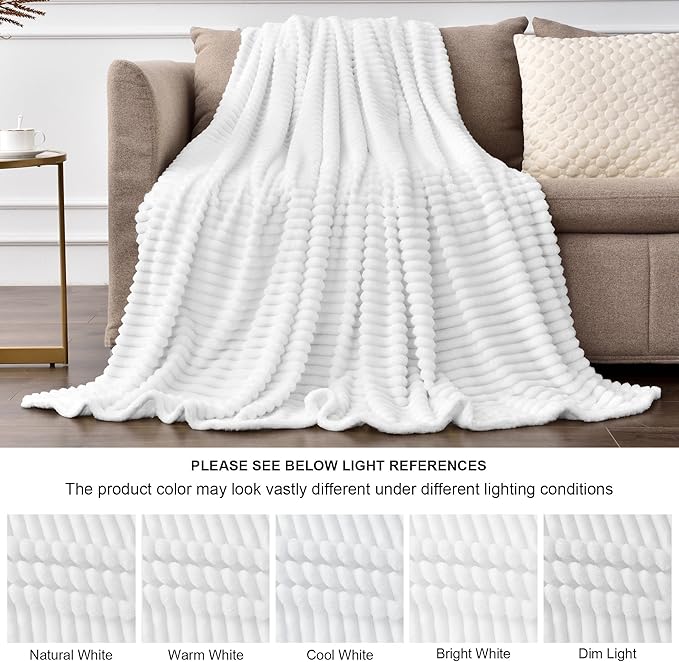 BEDELITE Fleece Blanket King Size – 3D Ribbed Jacquard Soft and Warm Decorative Fuzzy Blankets – Cozy, Fluffy, Plush Lightweight Throw Blankets for Couch, Bed, Sofa(White, 108x90 inches)