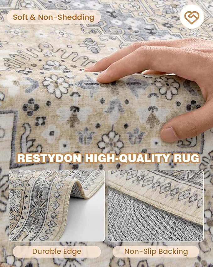 Runner Rug 2x8 Runners for Hallways Non Slip Washable, Vintage Hallway Runner Rugs for Living Room, Low Pile Soft Hallway Rug for Kitchen Bedroom Laundry Room Rug(Beige,2'x8')