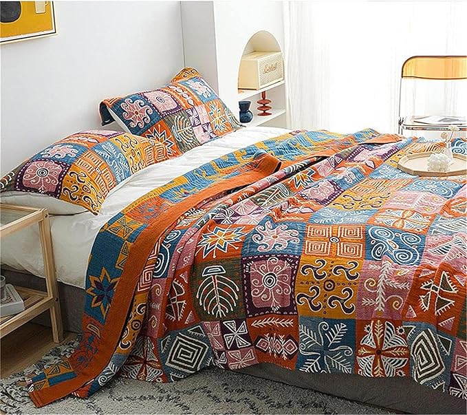 MSGKV Boho Throw Blanket 90''x98'' 100% Cotton Spring Blanket for Couch Bed, Muslin Bed Quilts Home Decor Gift for All Seasons