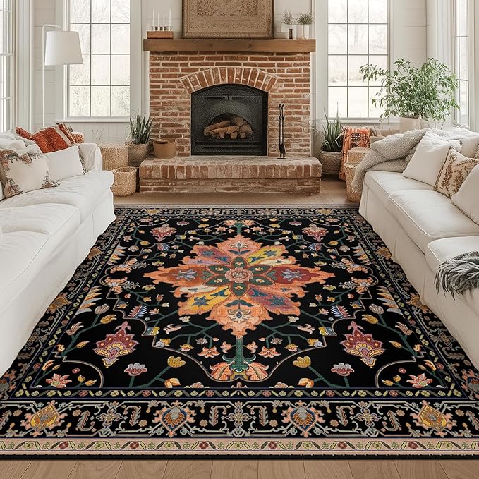 RELEANY Area Rugs Square 8ft Washable Non-Slip, Floral Vintage Distress Print Pattern Medallion Carpet for Living Room Bedroom Dining Room, Black Colorful Floral Dark Tan