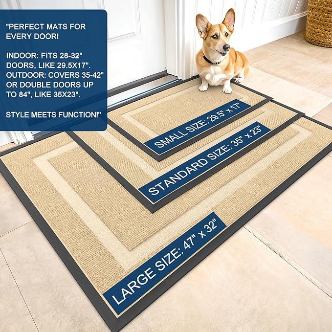 OLANLY Front Door Mat Indoor Outdoor Entrance, Waterproof All-Season, All-Weather Doormat, Sturdy Natural Rubber, Fade Resistant, Low Profile, Easy Clean Patio Porch Entryway Mat, 36x24, Beige
