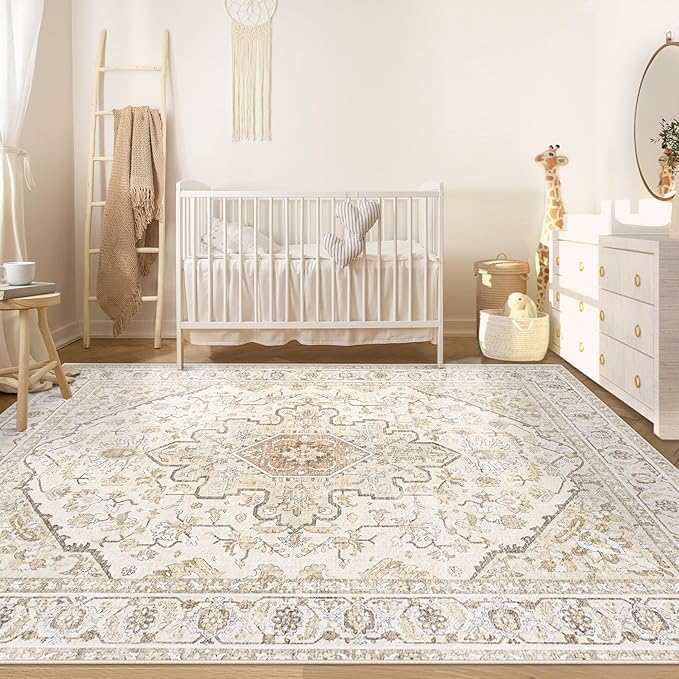 Area Rugs 5x7 Vintage Rug: Washable Living Room Rug Retro Medallion Distressed Large Soft Low Pile Non-Slip Indoor Floor Carpet for Bedroom Kitchen Nursery Dining Table Office (BeigeBrown, 5'x7')