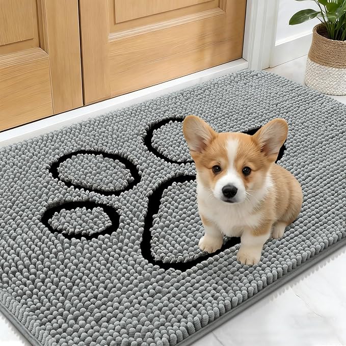 OLANLY Dog Door Mat for Muddy Paws 24x16, Paw Print Design, Absorbs Moisture and Dirt, Absorbent Non-Slip Washable Doormat, Quick Dry Chenille Mud Mat for Dogs, Entry Indoor Entryway Carpet, Grey