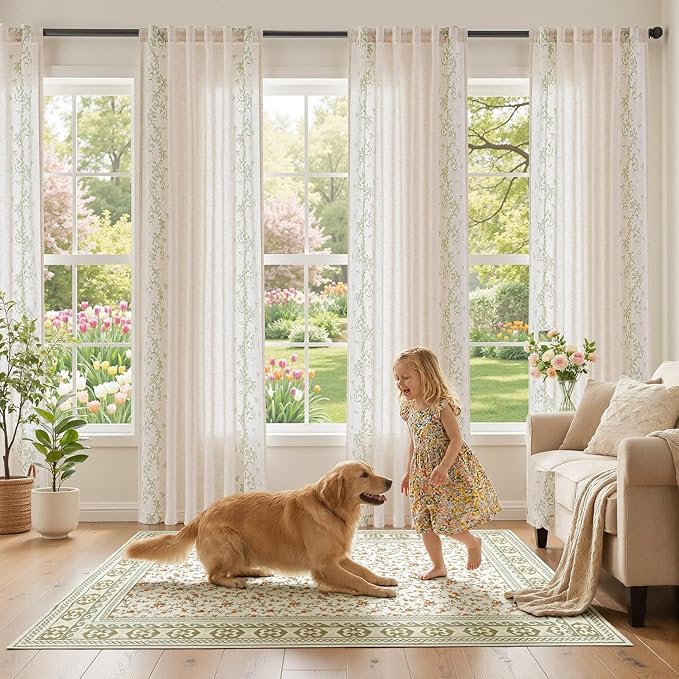 jinchan Evelyn Embroidered Linen Curtains for Living Room Farmhouse Floral Curtains for Bedroom Semi Sheer Light Filtering Window Drapes Rod Pocket Back Tab 2 Panels W50 x L96 Sage Green