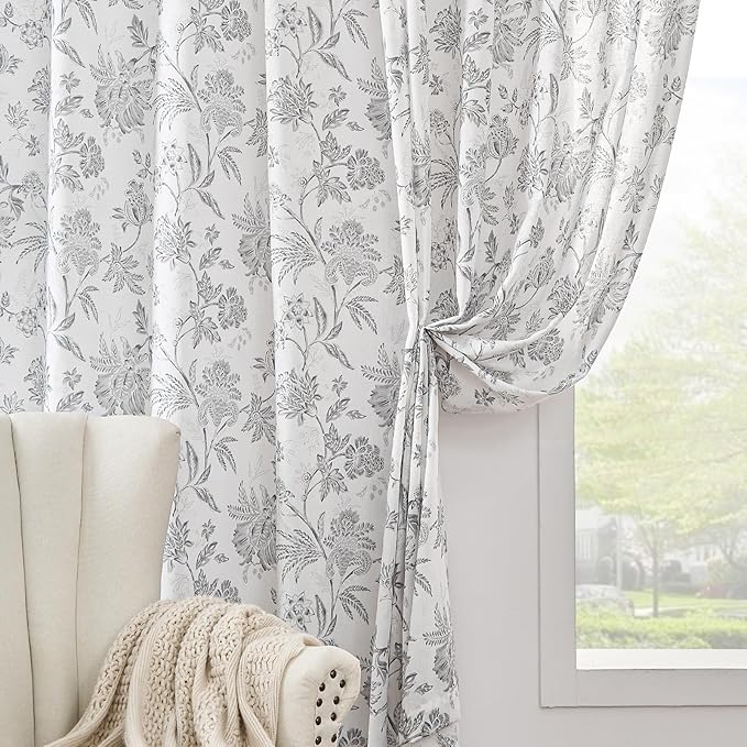 jinchan Linen Floral Curtains for Living Room, 84 Inch Length Curtains with Printed Flower Light Filtering Curtain, Rod Pocket Back Tab Gray Window Curtain Set, 2 Panels Light Grey on White