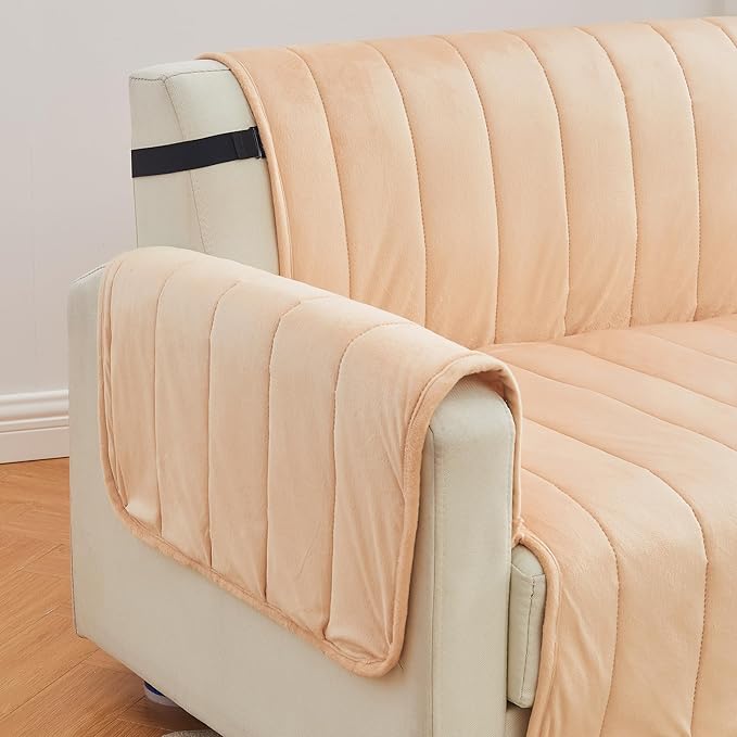 Great Bay Home Velvet Loveseat Cover - Washable Slipcover Furniture Protector with Elastic Straps - Furniture Cover for Dogs, Kids, and Pets - Stitched Detail (Peach)