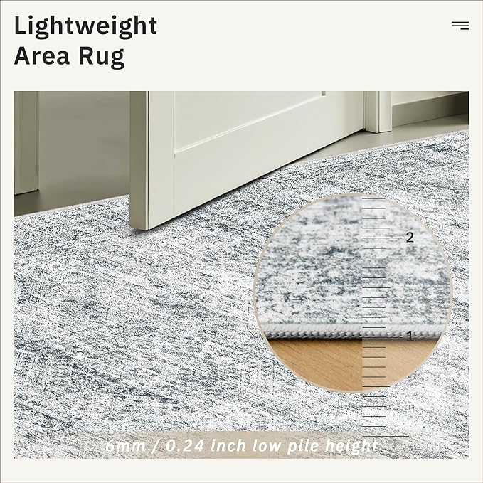 Soalmost 9x12 Area Rugs for Living Room, Non Slip Machine Washable Vintage Rugs, Low Pile Lightweight Large Rug for Bedroom, Dining Room, Home Office Grey