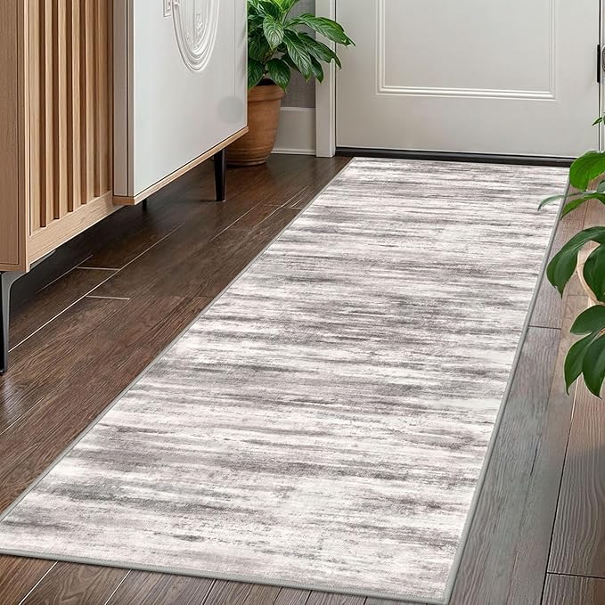 KOZYFLY Modern Abstract Washable Rug Runner 2x5 Hallway Rug Runner Non-Slip Soft Kitchen Runner Rugs, Grey/Light Beige/Brown Striped Carpet for Entryway Bathroom