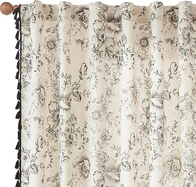 jinchan Linen Blend Curtain Floral Curtains for Living Room 63 Inch Length Printed Curtains with Tassels Rod Pocket Farmhouse Rustic Peony Flower Patterned Drapes Bedroom Window Curtains Set 2 Panels