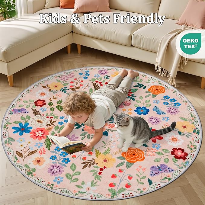 Round Area Rug for Living Room: 4 ft Floral Washable Circle Rug Soft Boho Non-Slip Carpet Indoor Stain Resistant Low Pile Small Circular Rug for Bedroom Entryway Kitchen Nursery Home Office Beige