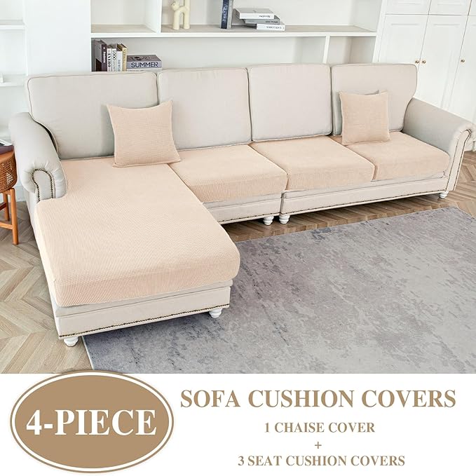 Couch Cushion Covers for Sectional Sofa L Shape Washable Separate Seat Chaise Couch Cover Stretch Sofa Slipcovers with 2 Pcs Pillowcases(3 Seater + 1 Chaise, Natural)