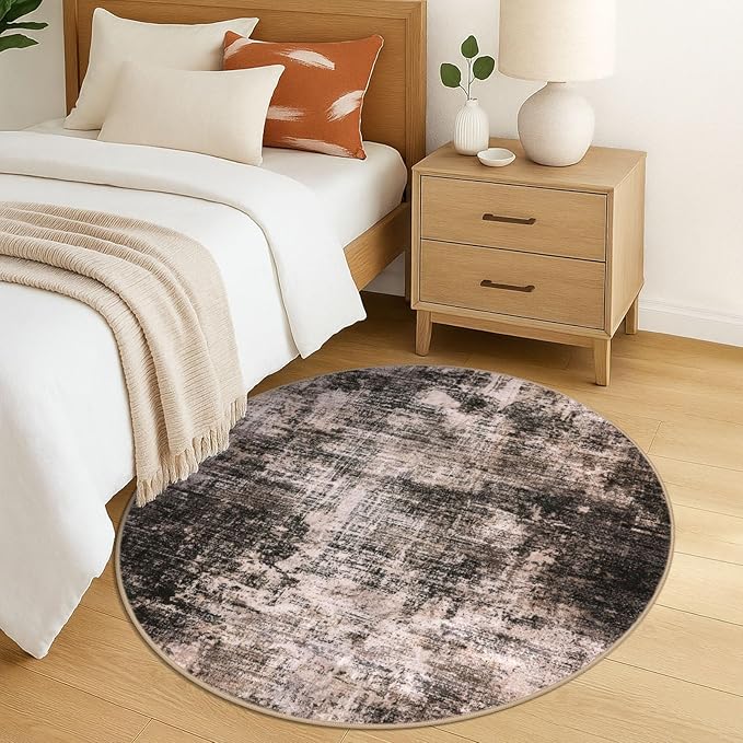 IOHOUZE Round Area Rug 5 Ft Circle Entryway Rugs Round Washable Door Mat Indoor Entrance, Non Slip Circle Front Door Rug, Printed Abstract Faux Wool Floor Carpet for Foyer Porch Sink, Brown/Rust