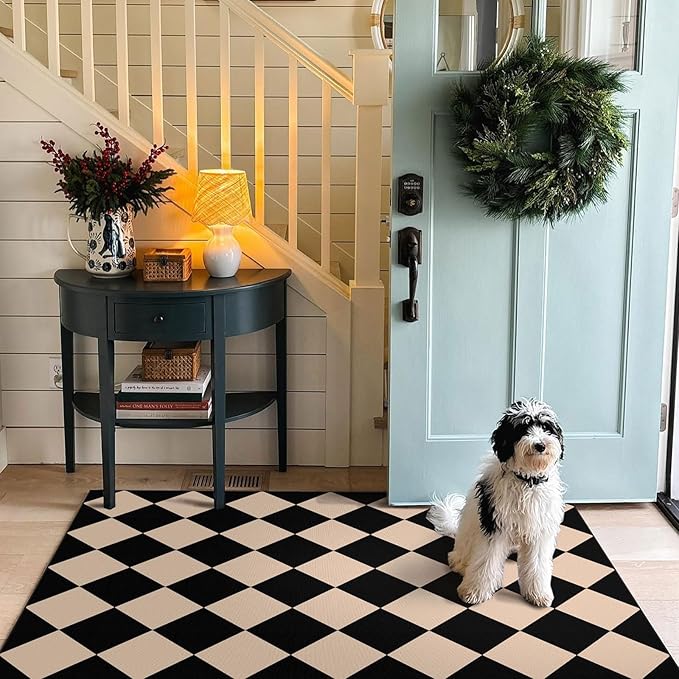 Black Tan Checkered Entry Rug - 3x5 Ft Non-Slip Washable Indoor Outdoor Front Door Mat Porch Rug Geometric Diamond Throw Carpet for Living Room Bedroom Entryway Kitchen Office Porch Decor
