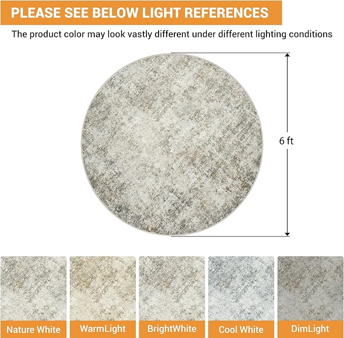 Round Rug 6ft Circle Rug Washable: Carpet Small Circular Area Rug for Entryway Kitchen Bedroom Dining Room Living Room 6 Feet Abstract College Dorm Non Slip Low Pile Beige Brown