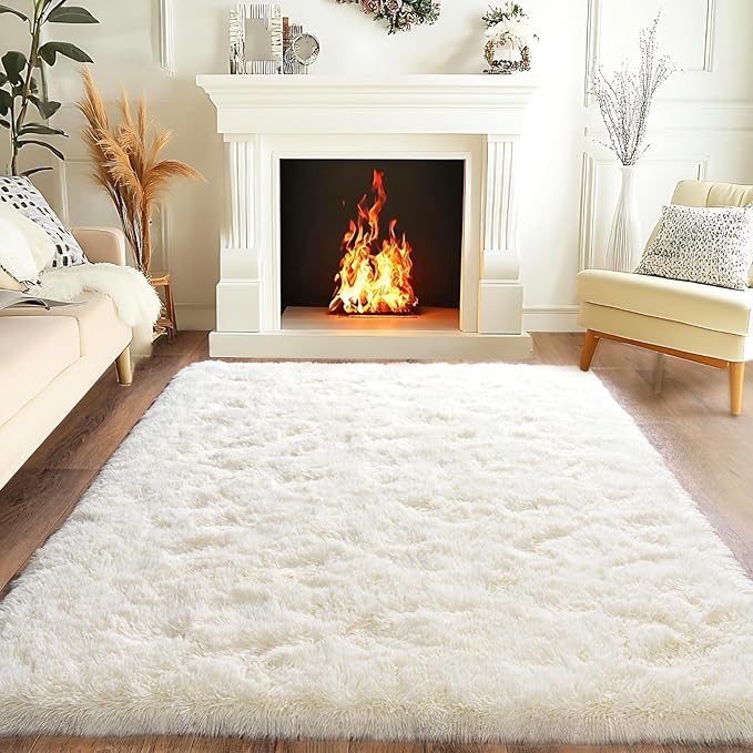 Pionblank Super Fluffy Area Rug for Bedroom 5x7, Modern Indoor Shag Carpet, Soft Plush Non Slip Rugs for Living Room Kids Room Cloakroom Home Decor, Cream White