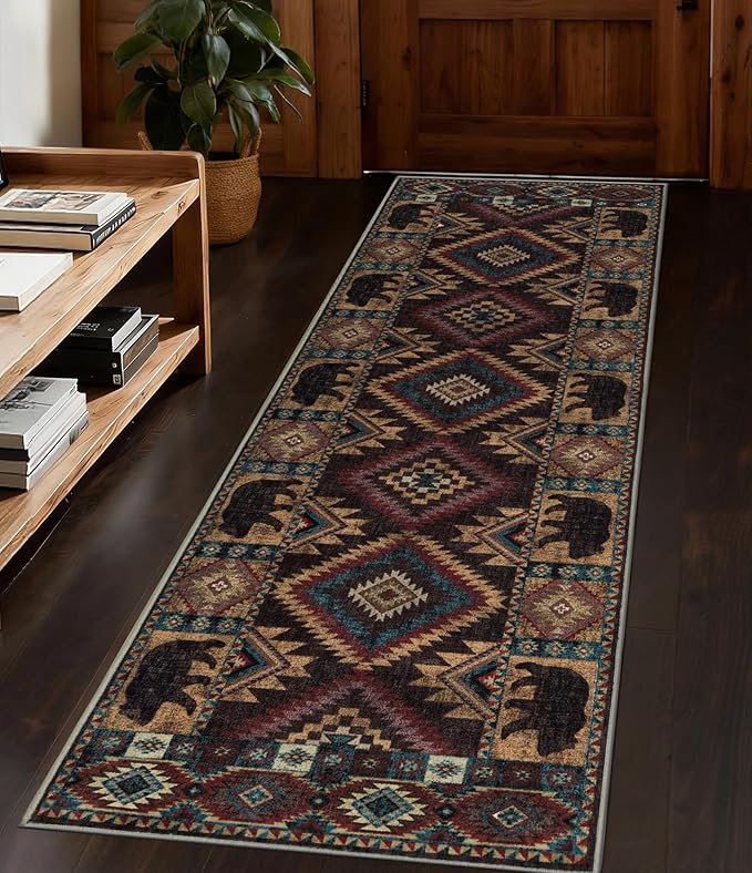 Hallway Runner Rug 2x6 Indoor Door Mat -Western Rug Bear Rustic Cabin Non-Slip Entryway Rug, Low Pile Tribal Print for Kitchen, Bedroom