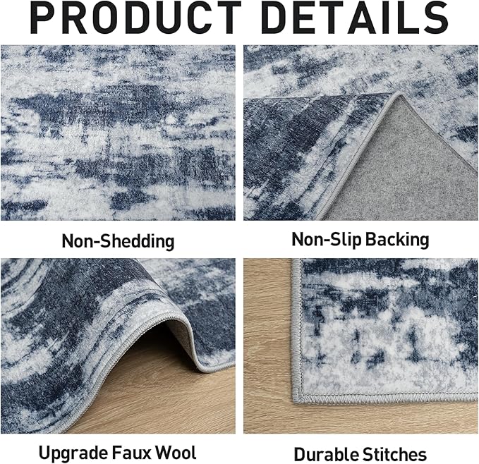 10x14 Area Rugs Washable Rug: Modern Abstract Living Room Rug Soft Anti-Skid Thin Carpet Indoor Floor Non-Shedding Carpets for Bedroom Dining Room Farmhouse Nursery Home Office Blue Grey