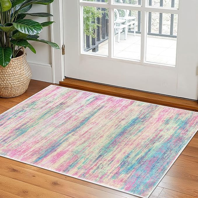 KOZYFLY Modern Abstract Small Area Rugs 2x3, Washable Indoor Front Door Mat Non-Slip Soft Small Bathroom Rug, Entryway Rugs Abstract Print Faux Wool Doormat Kitchen Mats, Multi Pink