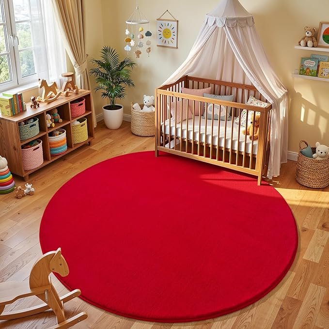 Amearea Red Round Area Rugs 4ft Washable Circle Rugs for Bedroom Living Room, Fluffy Indoor Thickened Memory Foam Rug, Non Slip Minimalist Circular Carpet for Kids Boys Girls Dorm Nursery Room Decor