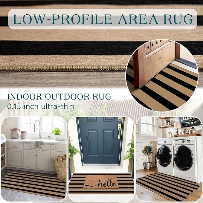 Front Door Mat Indoor Entrance - 2x4.3 Ft Black Tan Striped Washable Doormat Outdoor Entrance Porch Rug Non-Slip Layered Runner Rug for Kitchen Hallway Bedroom Laundry Room Porch Decor