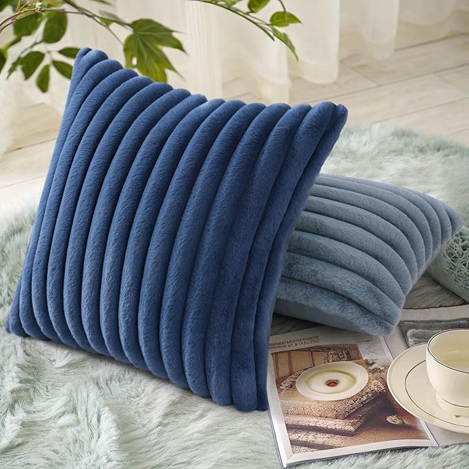 decorUhome Cozy Faux Fur Throw Pillow Covers 12x12 Set of 2 Decorative Soft Plush Striped Modern Farmhouse Boho Couch Pillow Cases with Velvet Back for Sofa Bed Living Room, Navy Blue