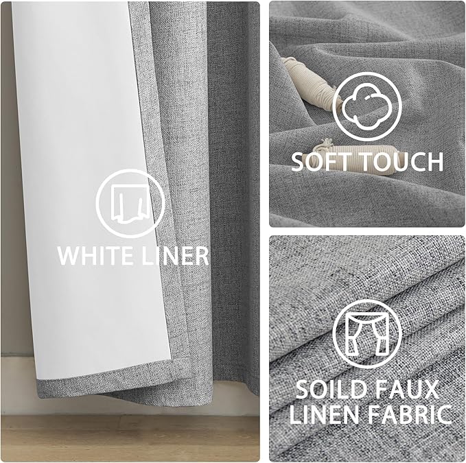 Yakamok Dove Grey Linen Curtains 100% Blackout 63 Inches Long,Room Darkening Textured Curtains for Living Room Thermal Grommet Bedroom Drapes 2 Panels with Greyish White Liner