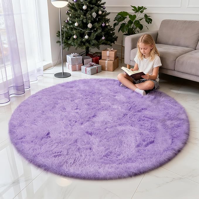 yulidayang Purple Fluffy Round Area Rugs for Bedroom,5'X5'Shag Circle Area Rugs for Girls Room,Non Slip Fuzzy Plush Rug for Kids Room Living Room and Dorm Home Decor Rug