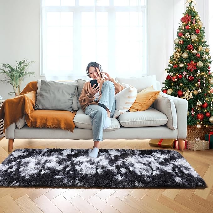 ONASAR Runner Rugs for Bedroom Living Room, Fluffy Black and White 2x6 Bedside Hallway Area Rug, Ultra Soft Plush Furry Faux Fur Non Slip Floor Carpet for Nursery Kids Dorm Closet Home Decor