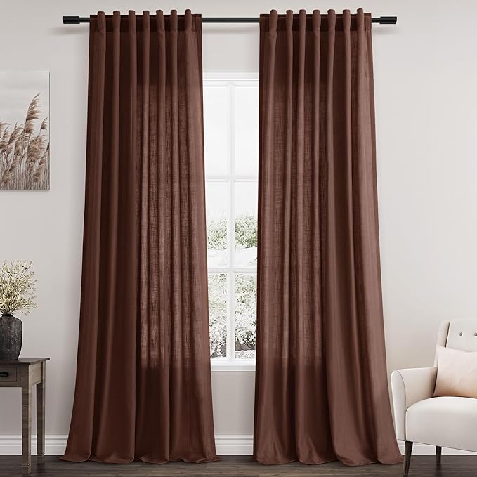 Nanspring Rustic Brown Linen Curtains 108 Inches Long for Living Room Bedroom 2 Panels Set Extra Long Back Tab Curtain Light Filtering Sheer Drapes Floor to Ceiling Curtain for Large Windows 52x108