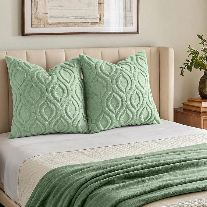 decorUhome Throw Pillow Covers 20x20 Inch Set of 2, Soft Plush Faux Wool Sage Green Solid Couch Pillow Covers, Accent Farmhouse Neutral Square Pillow Cases for Sofa Bed Living Room