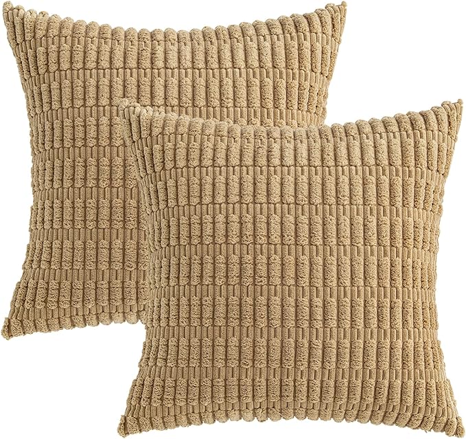 MIULEE Pack of 2 Corduroy Decorative Throw Pillow Covers 24x24 Inch Soft Boho Striped Pillow Covers Modern Farmhouse Home Decor for Sofa Living Room Couch Bed Khaki