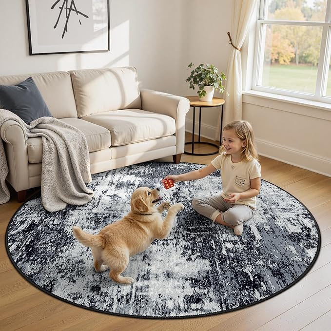 Washable Area Rugs 8ft Non-Slip Modern Abstract Soft for Living Room Entryway Bedroom Nursery, Print Pattern, Black Navy Blue Gray
