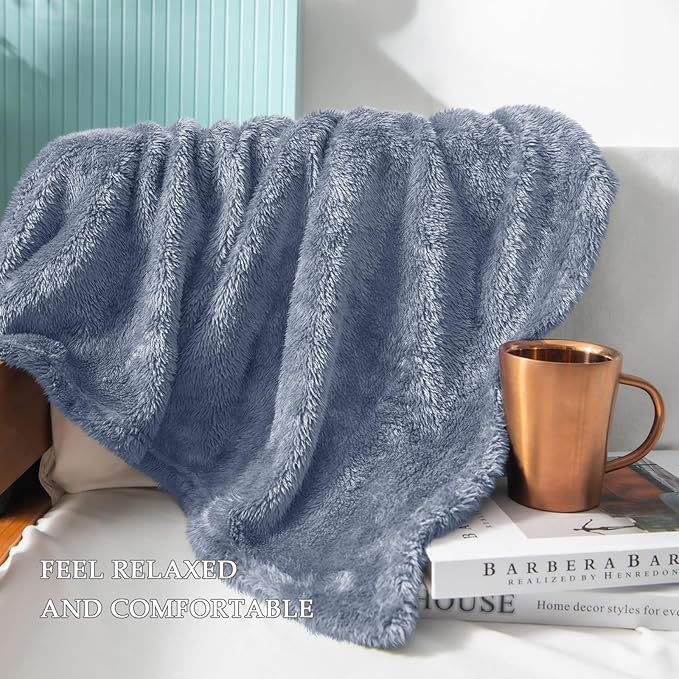 Exclusivo Mezcla Plush Fuzzy Fleece Bed Blanket Twin Size, Super Soft, Fluffy and Warm Blankets for Couch, Bed, All Season (Stone Blue, 90x66 Inches)