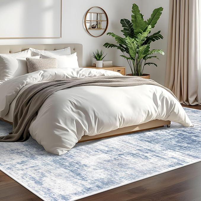 IOHOUZE Abstract Area Rugs 6x9 Ft Washable Rugs for Living Room, Non Slip Dining Room Rug, Printed Faux Wool Rugs for Bedroom, Floor Carpet for Office Nursery Playroom, Light Blue Grey