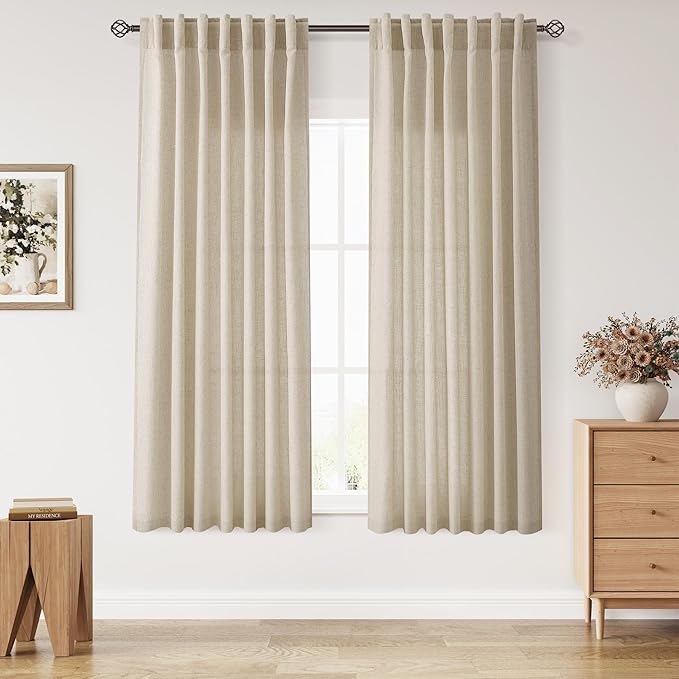 Nanspring Eggshell Beige Curtains 63 Inch Length for Living Room Linen Blend Luxury Light Filtering Semi Sheer Curtain Back Tab Rustic Decor Neutral Elegant Drapes for Bedroom Office 52x63, 2 Panels