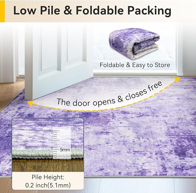 Washable Area Rugs 2'x6' Non-Slip Modern Abstract Soft for Living Room Entryway Bedroom Nursery, Print Pattern, Purple Gray Pink White